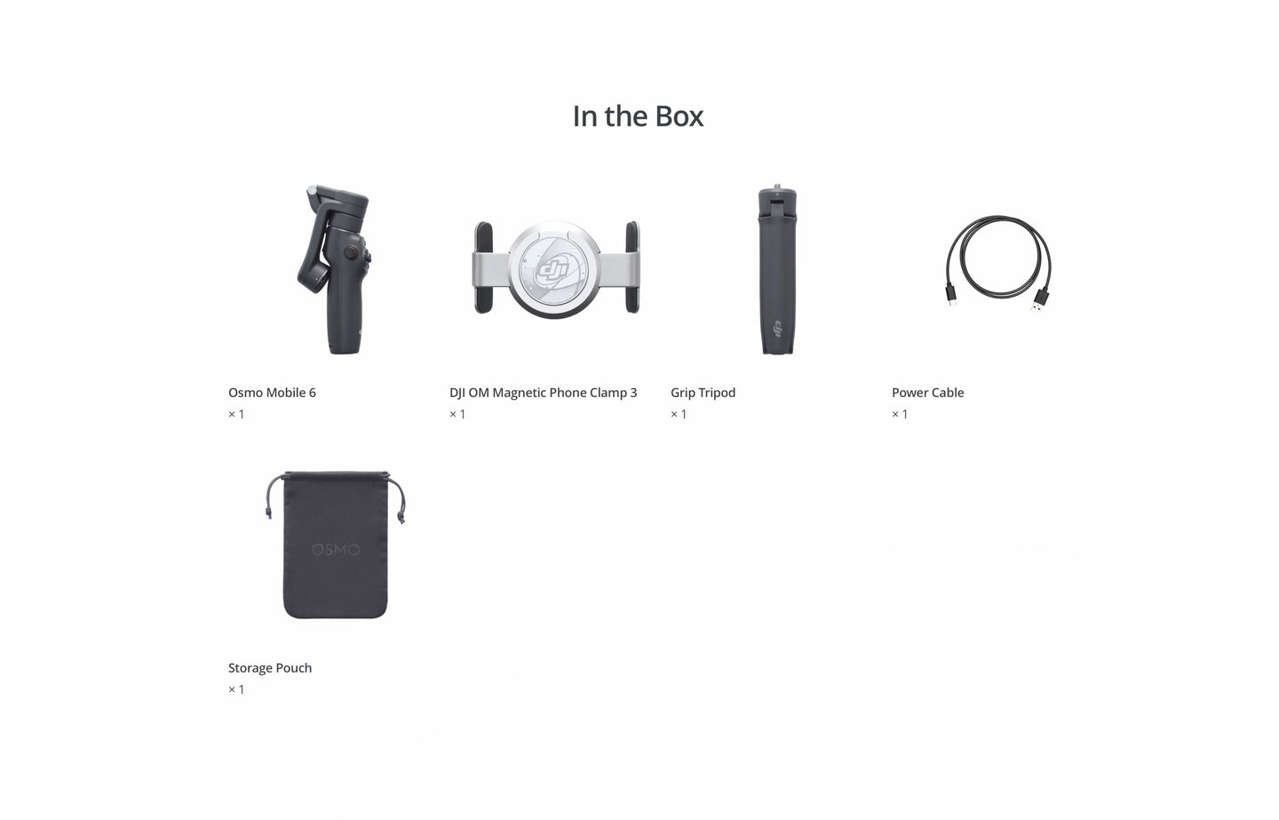 Contents of the DJI Osmo Mobile 6 package including the gimbal, tripod, charging cable, storage pouch, and user manual