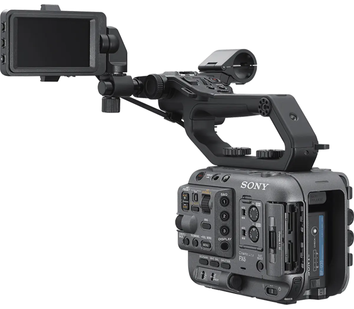 The Sony ILME FX6V Cinema Line FX6 Camera Body with its vari-angle touchscreen LCD, perfect for flexible shooting angles.