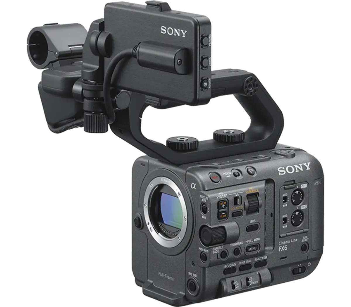 Close-up image showing the detailed connectivity options of the Sony ILME FX6V Cinema Line FX6 Camera Body.