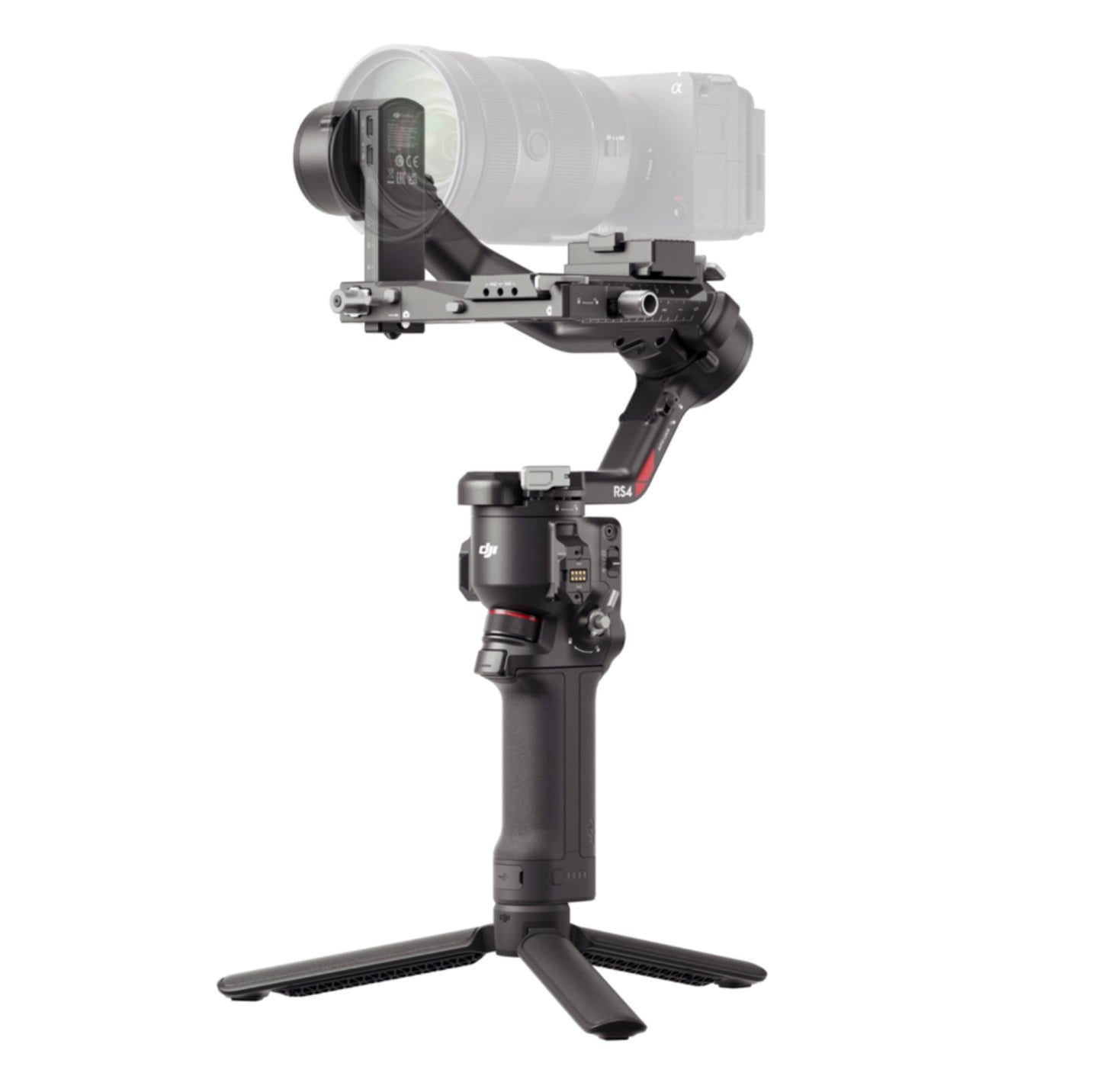 Right side view of the DJI RS4 gimbal showcasing the focus wheel, control buttons, and mounting points.