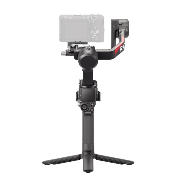 Back view of the DJI RS4 gimbal showing the rear controls, battery compartment, and additional connectivity ports.