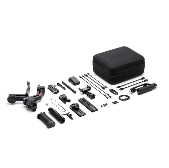 An organized layout of the DJI RS4 gimbal and included accessories such as the battery grip, quick-release plate, tripod, and various connecting cables.