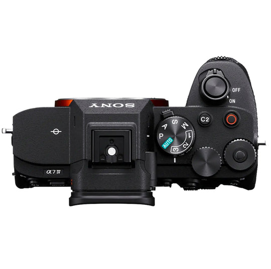 Top view of Sony ILCE-7M4 Alpha a7 IV Mirrorless Camera showing control dials and buttons