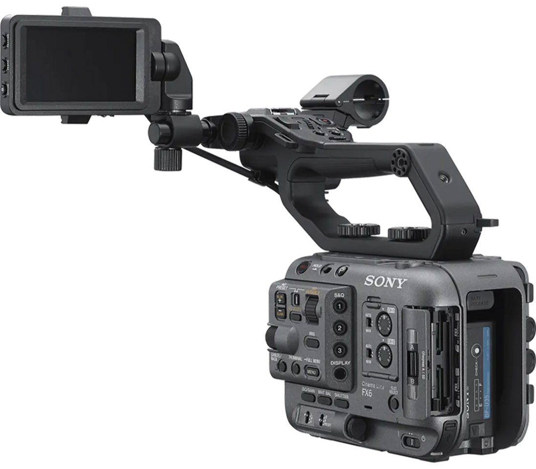 The Sony ILME FX6V Cinema Line FX6 Camera Body with its vari-angle touchscreen LCD, perfect for flexible shooting angles.