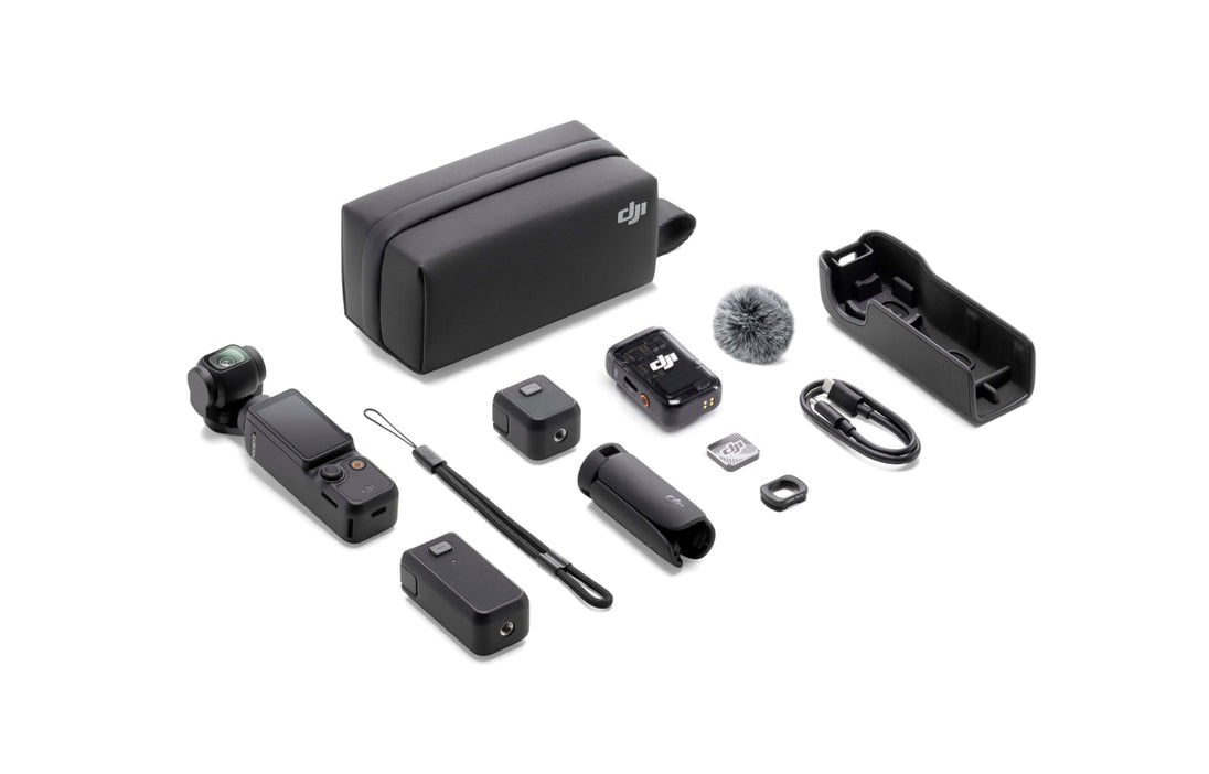 DJI Osmo Pocket 3 Creator Combo with included accessories such as mini tripod, battery handle, and DJI Mic 2