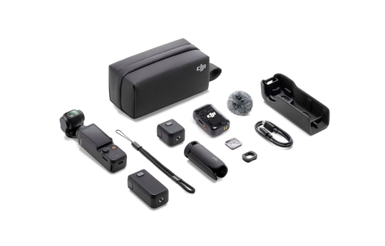 DJI Osmo Pocket 3 Creator Combo with included accessories such as mini tripod, battery handle, and DJI Mic 2