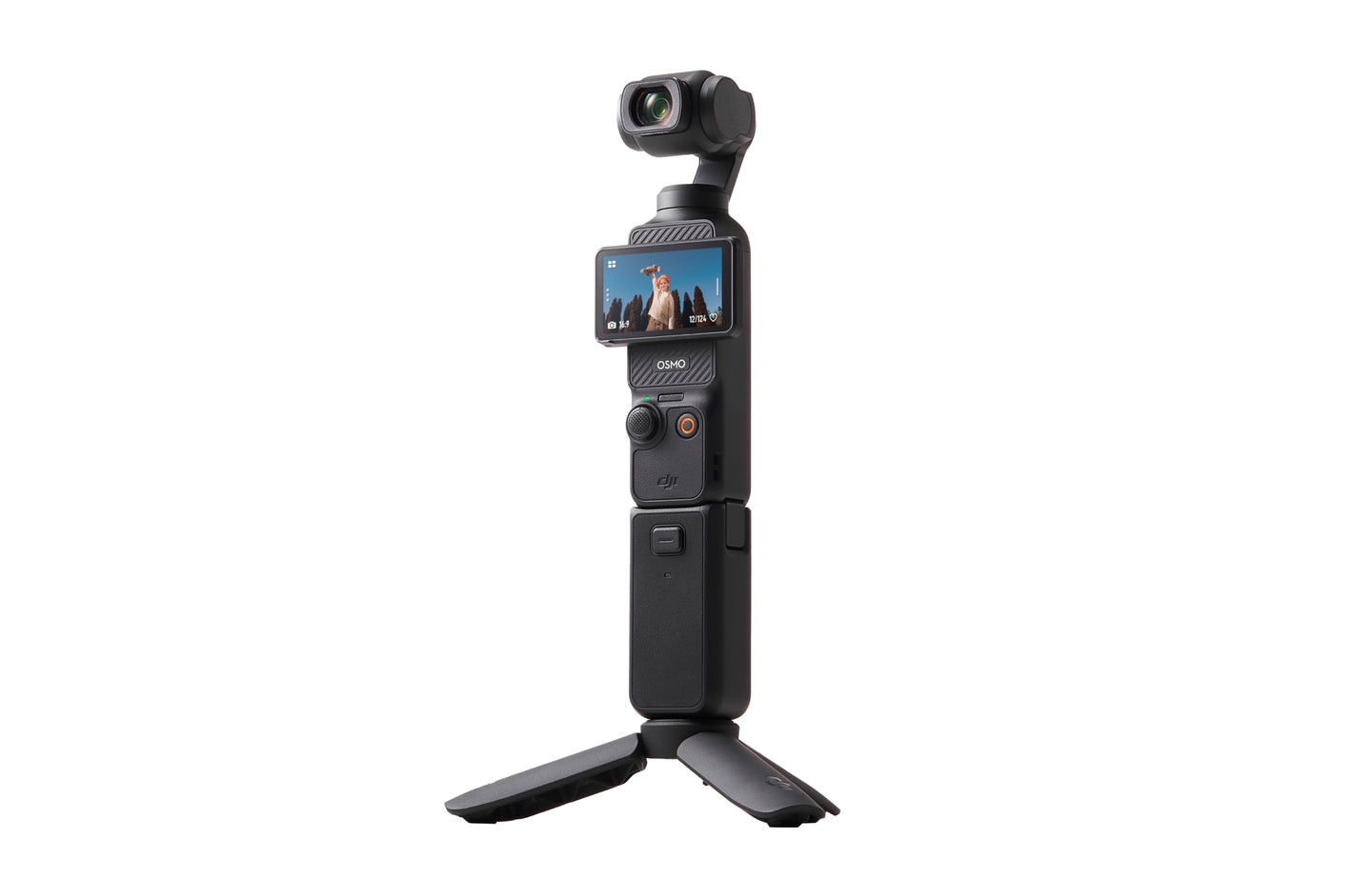 Front view of DJI Osmo Pocket 3 Creator Combo showcasing the compact design and 2-inch touchscreen