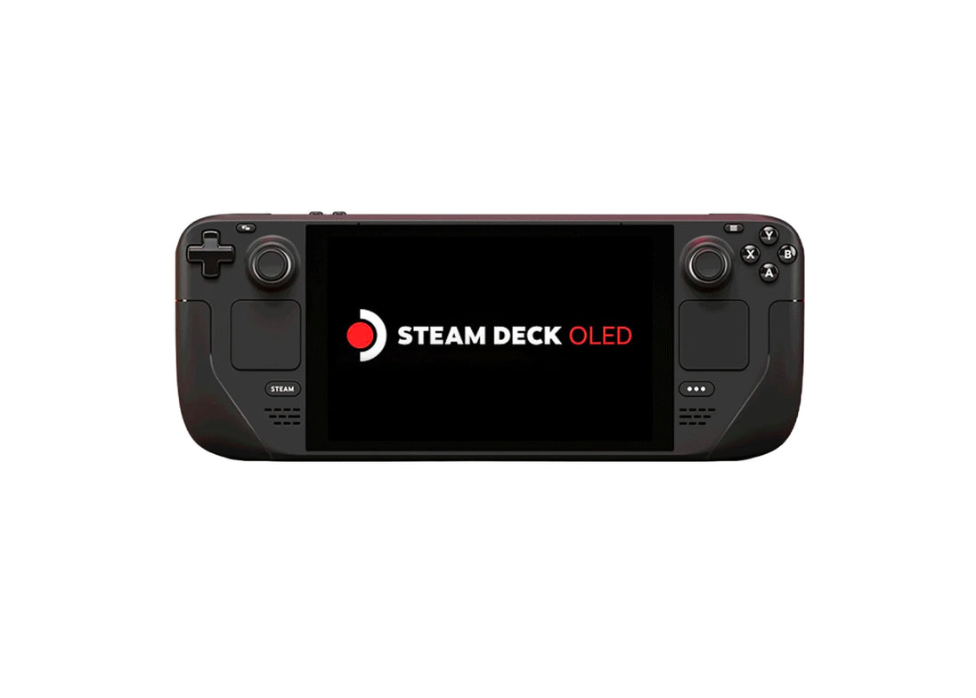 The Steam Deck OLED being held, demonstrating its portability and ergonomic design.