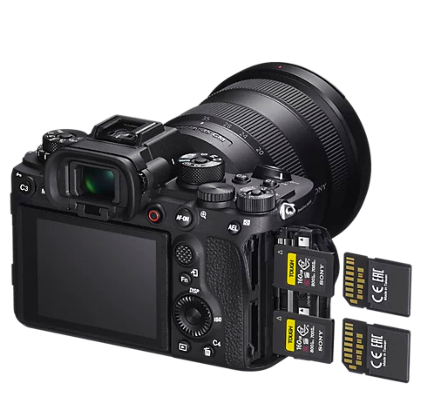 view of the Sony Alpha 1 Digital Camera Body showcasing its versatile connectivity ports, including dual memory card slots