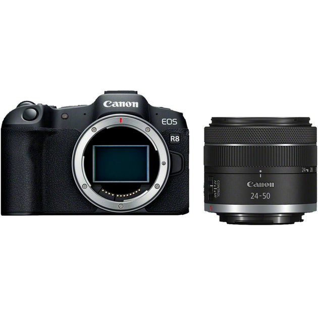 front view of the Canon EOS R8 Mirrorless Camera Body with RF 24-50mm F4.5-6.3 IS STM lens