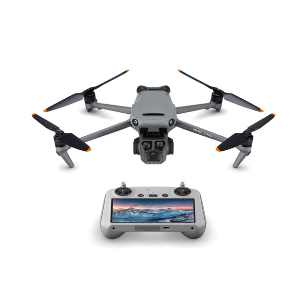 DJI Mavic 3 Pro drone with RC controller, showcasing its compact design and advanced remote control with built-in screen