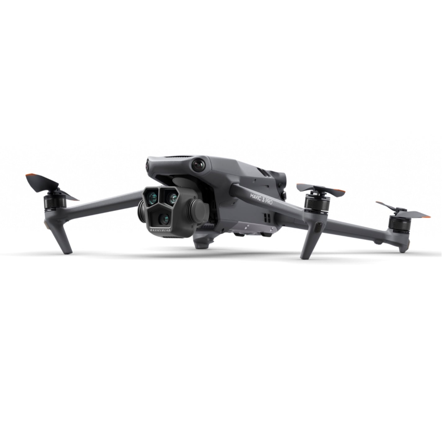 Front view of the DJI Mavic 3 Pro drone, highlighting its triple-camera system and sleek design