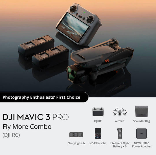 Contents of the DJI Mavic 3 Pro Fly More Combo, including the drone, RC controller, batteries, propellers, charging hub, ND filters, and carrying case