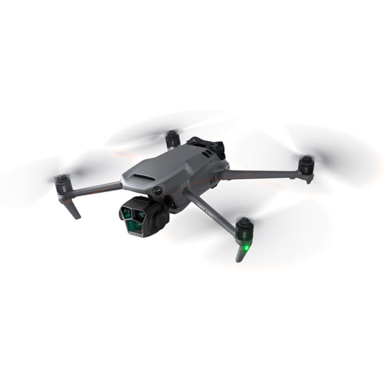 DJI Mavic 3 Pro drone in flight, displaying its propellers in motion and camera system