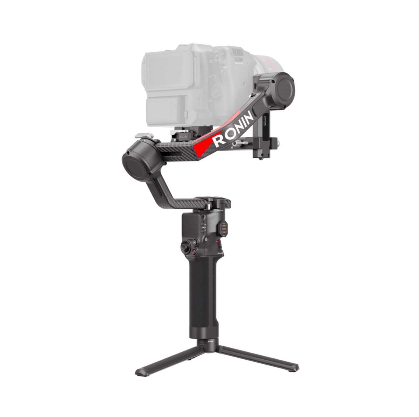 Side view highlighting the various control buttons and connectivity ports of the DJI RS 4 Pro gimbal.