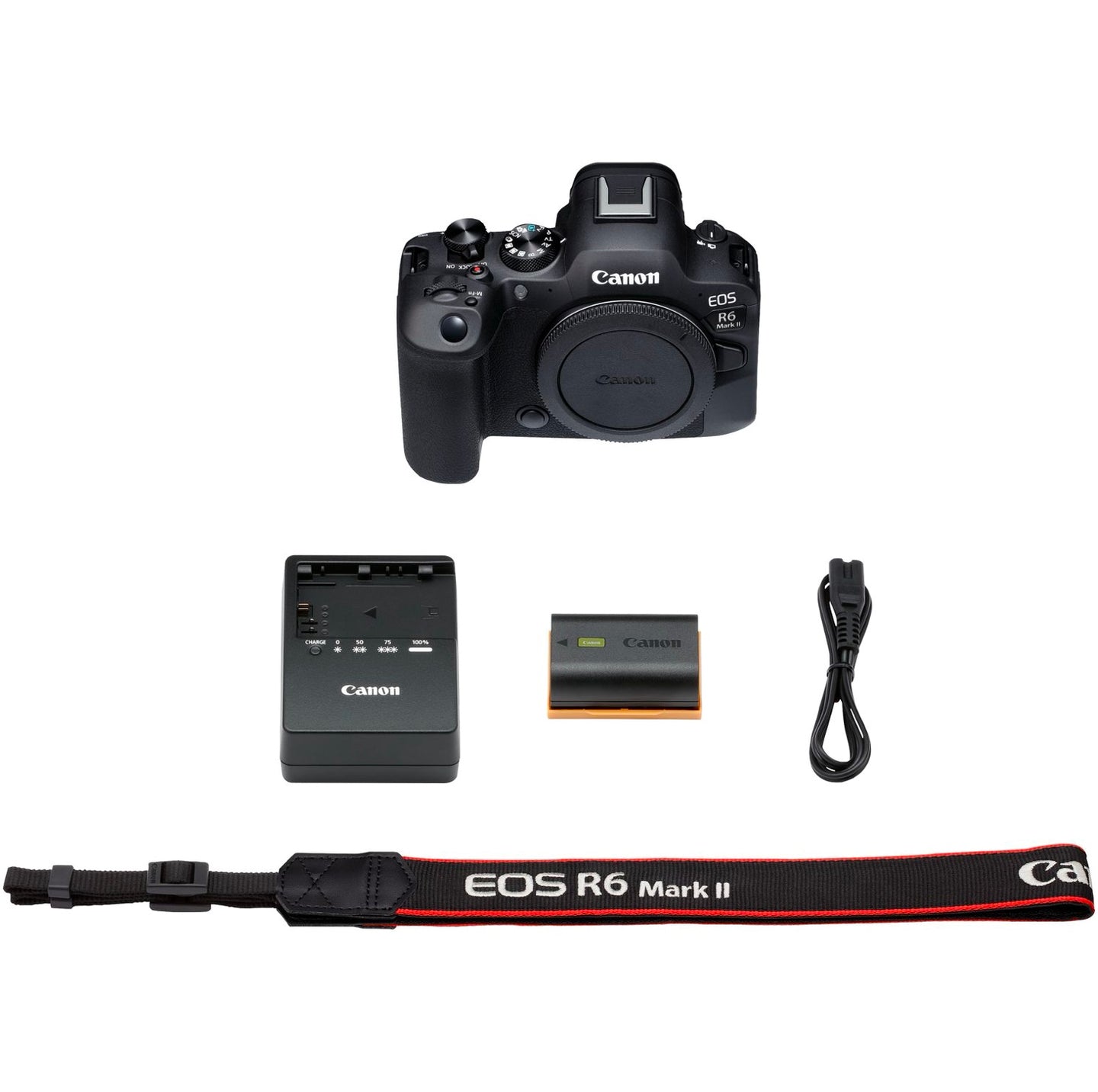 The Canon EOS R6 Mark II Mirrorless Camera Body alongside included accessories such as the battery, charger, neck strap, and user manual.