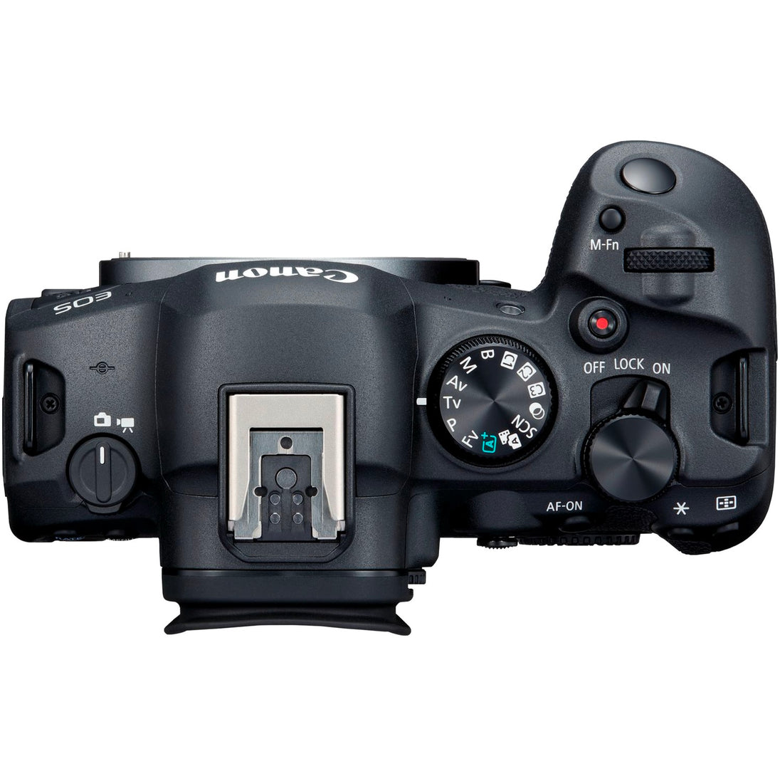 Top view of the Canon EOS R6 Mark II Mirrorless Camera Body showing the control dials, buttons, and build quality.