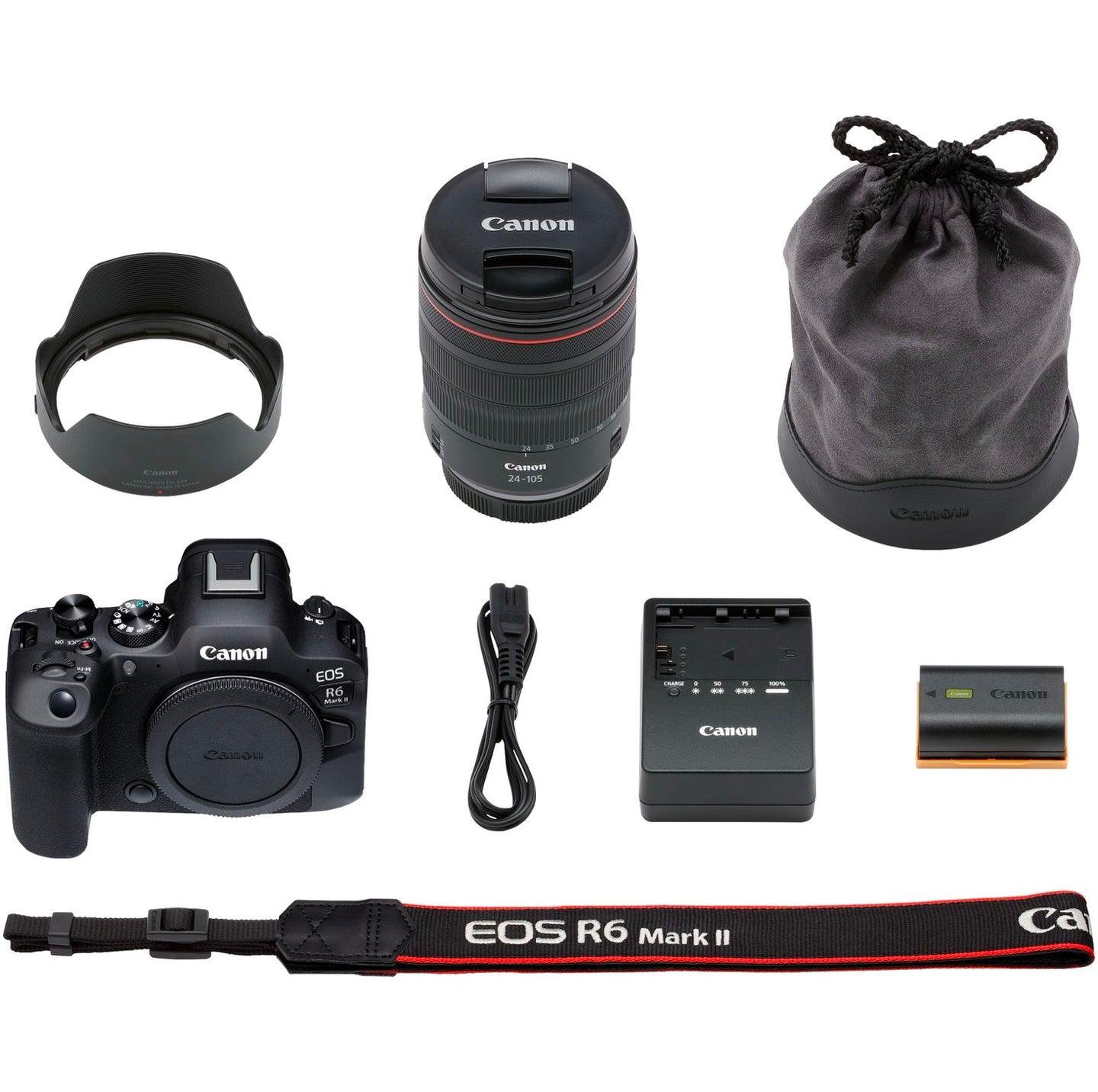  The Canon EOS R6 Mark II Mirrorless Camera Body with RF 24-105mm F4L IS USM lens alongside included accessories such as the battery, charger, neck strap, and user manual.