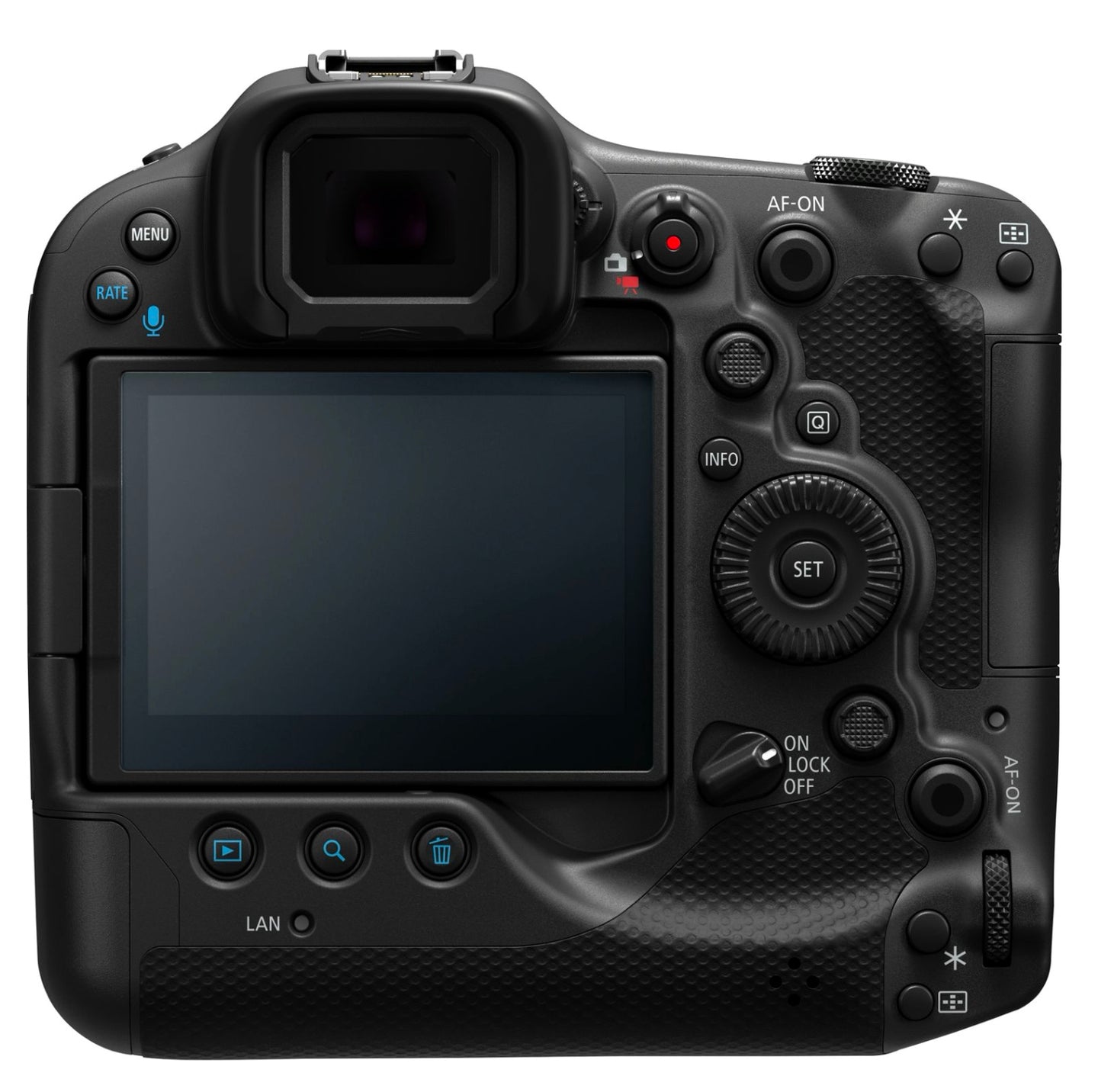 Back view of the Canon EOS R3 Mirrorless Camera Body showcasing its professional and robust design.