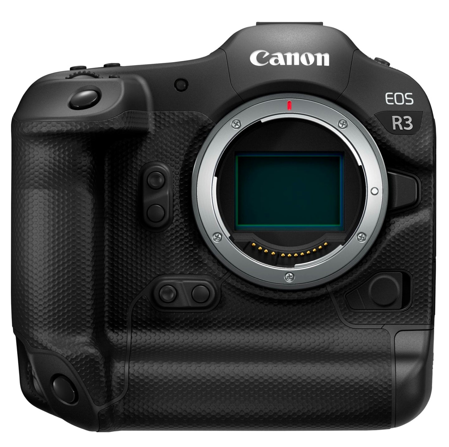 Front view of the Canon EOS R3 Mirrorless Camera Body showcasing its professional and robust design.