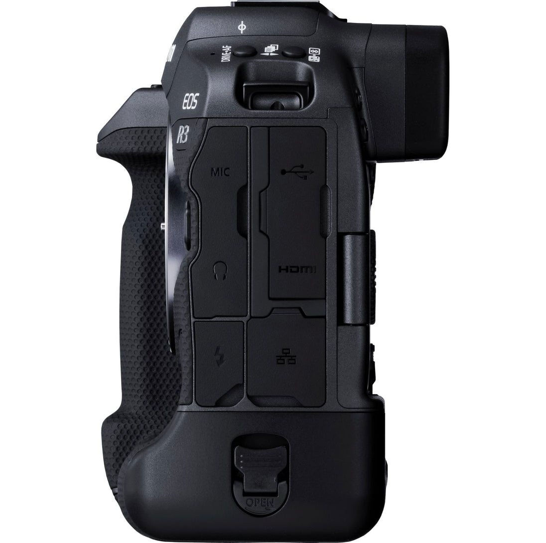 view of the Canon EOS R3 Mirrorless Camera Body highlighting its versatile connectivity ports.