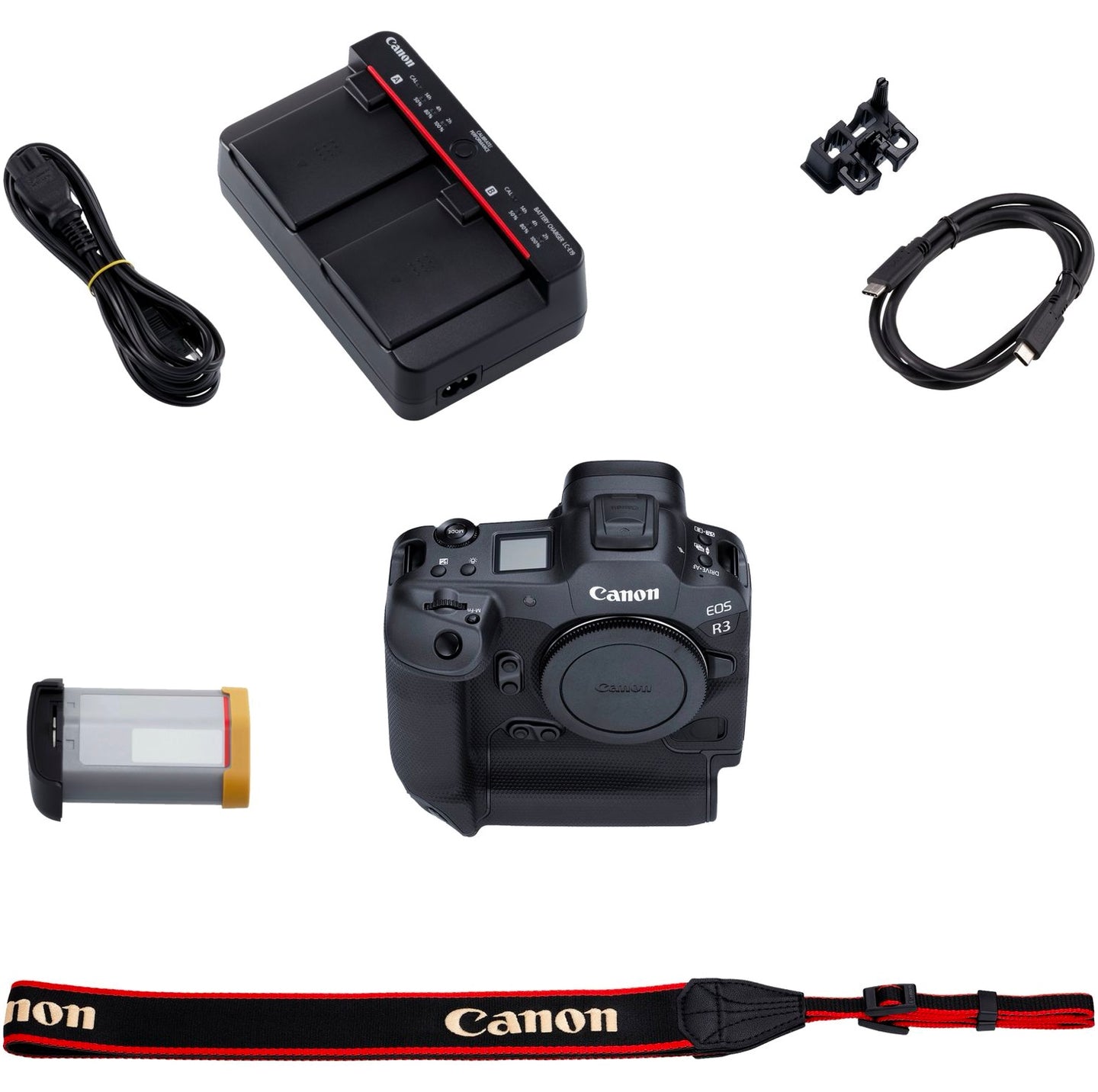 The Canon EOS R3 Mirrorless Camera Body alongside included accessories such as the battery, charger, neck strap, and user manual.