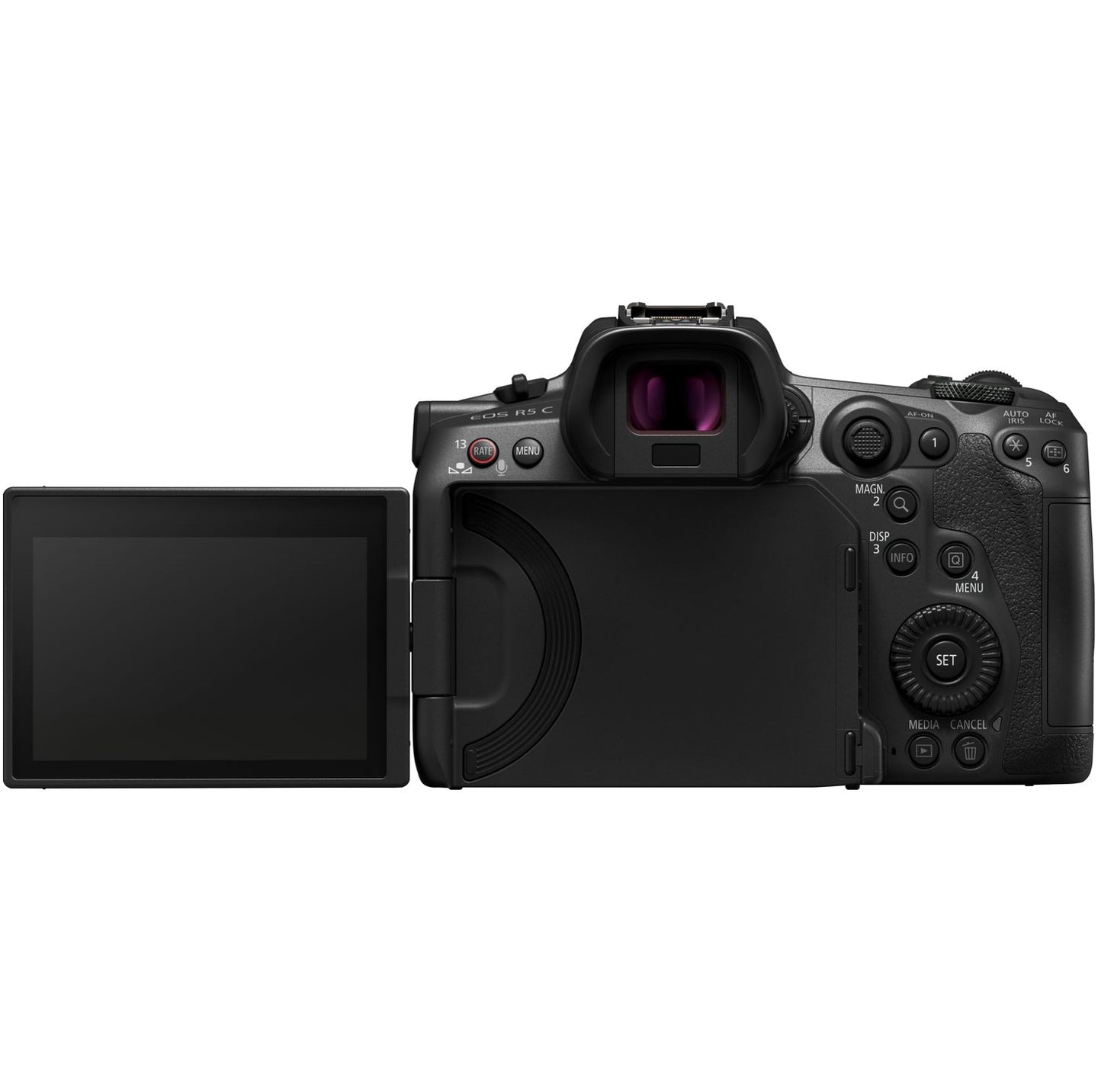 The Canon EOS R5 C Mirrorless Cinema Camera Body with its vari-angle touchscreen LCD, perfect for flexible shooting angles.