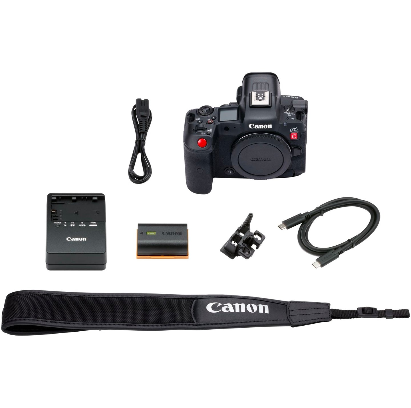 The Canon EOS R5 C Mirrorless Cinema Camera Body alongside included accessories such as the battery, charger, neck strap, and user manual.