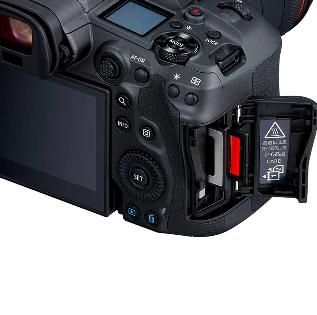 Side view of the Canon EOS R5 Mirrorless Camera Body highlighting its versatile connectivity ports.