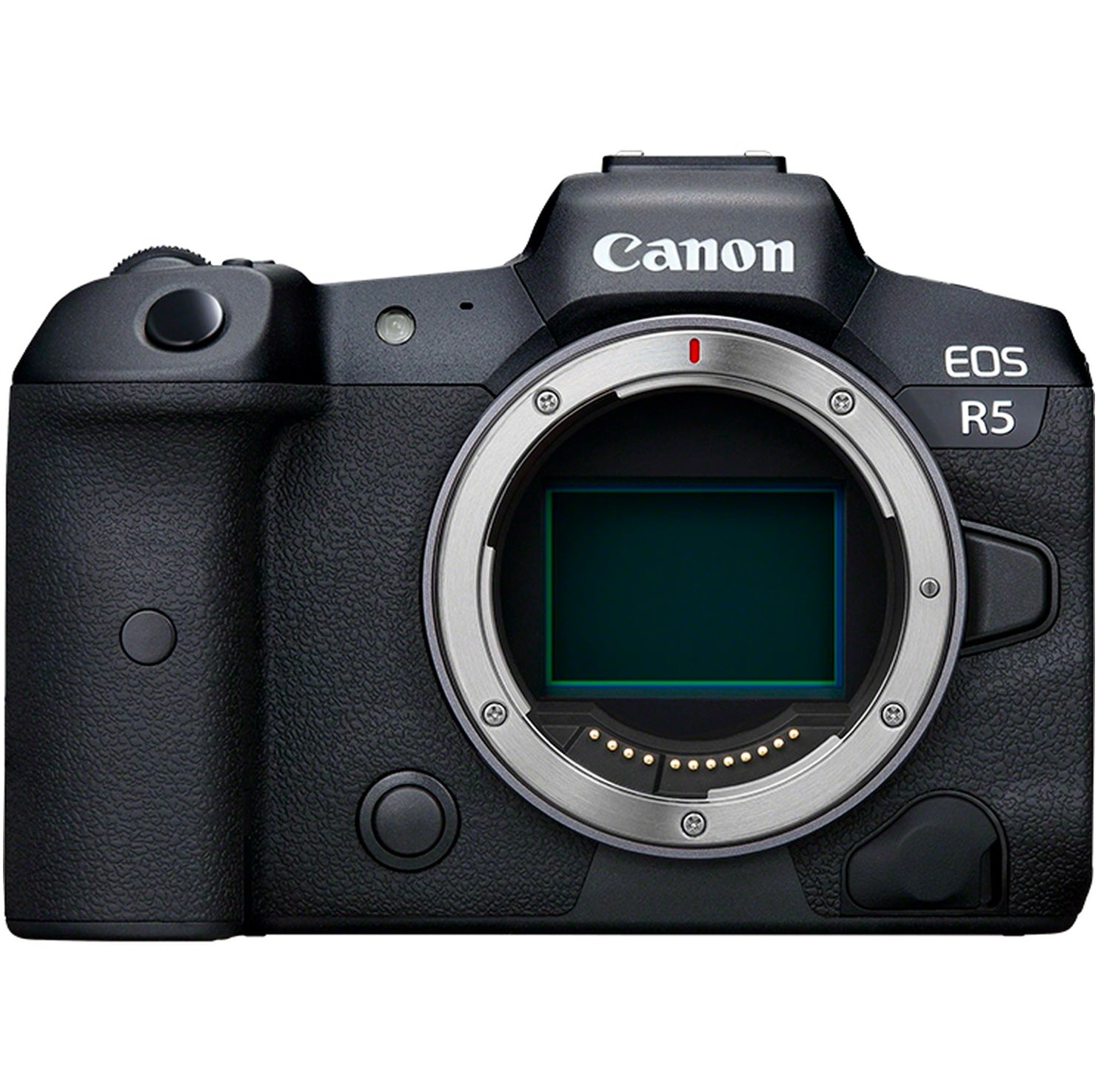  Front view of the Canon EOS R5 Mirrorless Camera Body showcasing its professional and robust design.