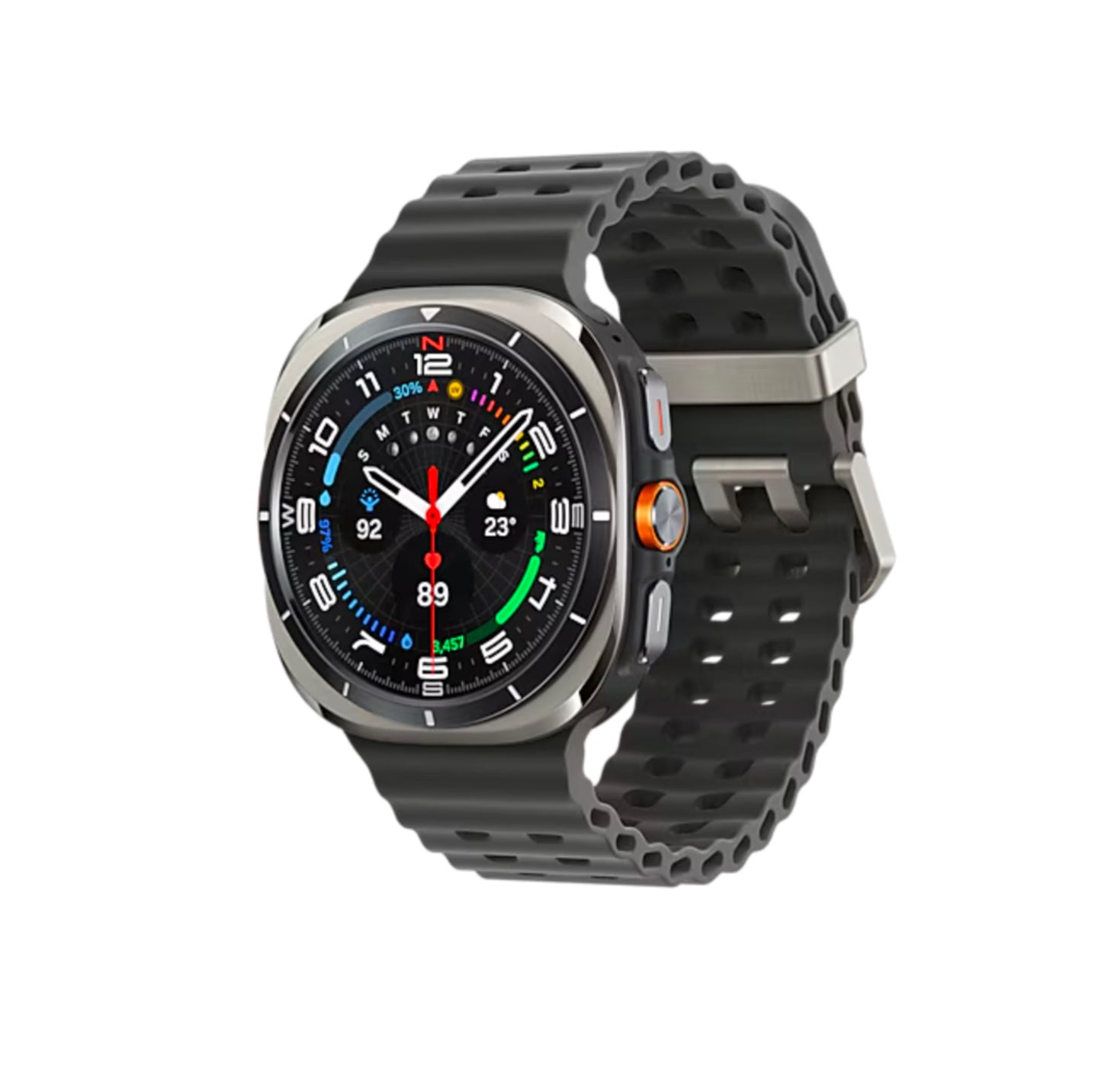 Front view of the Samsung Galaxy Watch Ultra with a silver band, displaying the clear AMOLED screen and elegant design