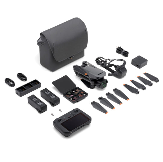 Complete set of the DJI Mavic 3 Pro Fly More Combo with DJI RC Pro, including the drone, RC Pro controller, extra batteries, propellers, ND filters, charging hub, and carrying case.