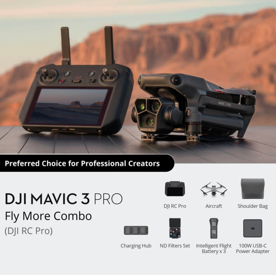 DJI Mavic 3 Pro Fly More Combo with DJI RC Pro, showcasing the drone and RC Pro controller with included accessories such as ND filters, charging hub, and carrying case, labeled as the preferred choice for professional creators