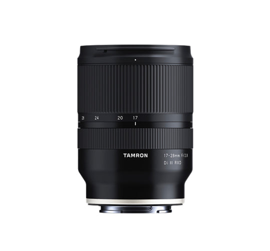 A front view of the Tamron 17-28mm F2.8 Di III RXD lens showcasing its sleek and compact design.